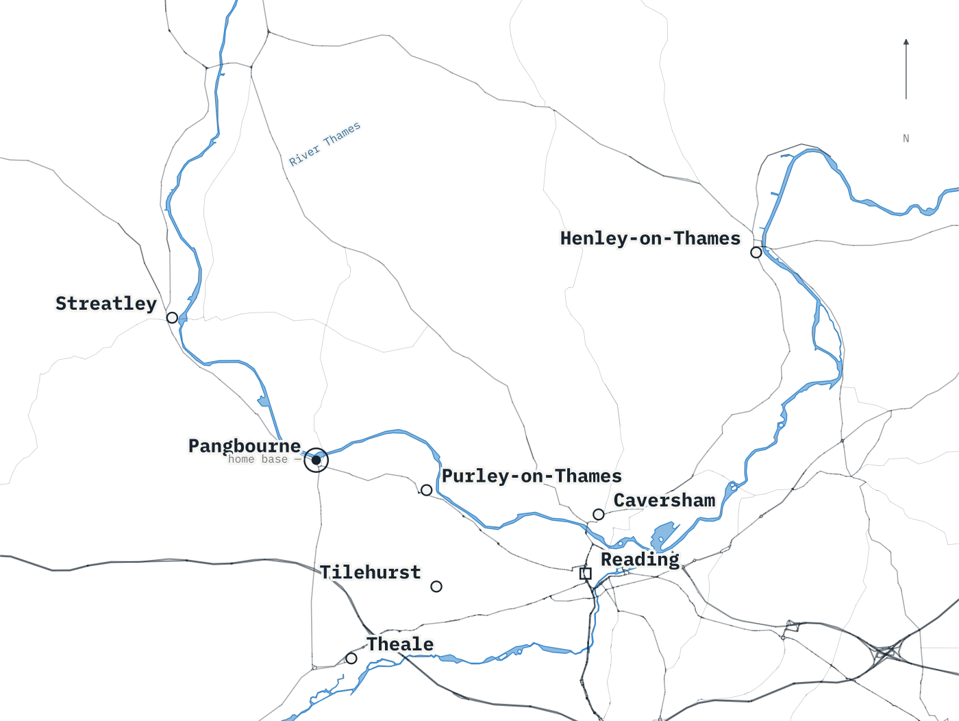 Map of the service area drawn from the real road network: the River Thames winding past Streatley, Pangbourne, Purley, Caversham, Reading and Henley, with the main roads through Tilehurst and Theale. Pangbourne, our home base, is ringed.
